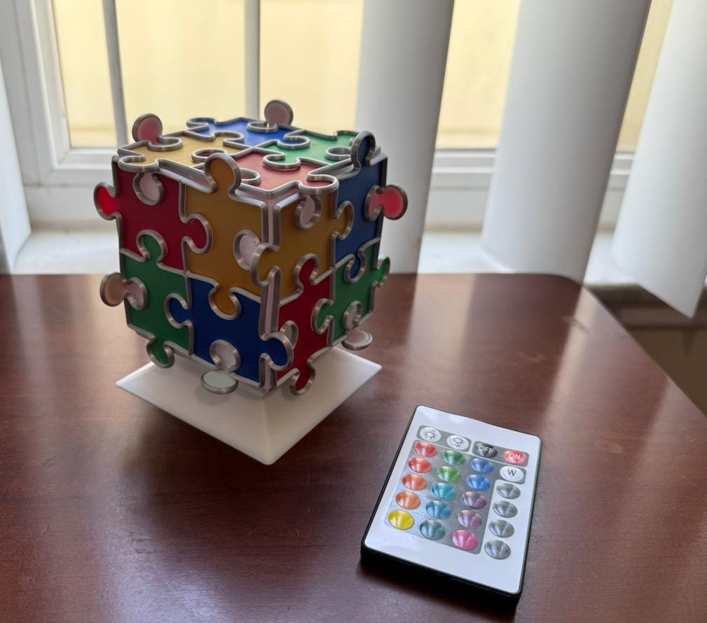 Autism-Awareness Puzzle Cube Night Light – 16 Colors, Dimmer & Modes