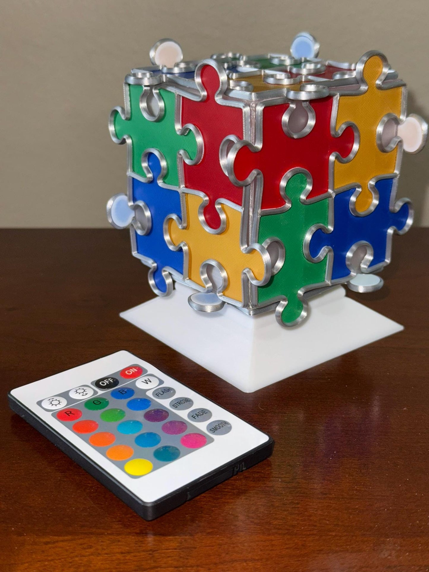 Autism-Awareness Puzzle Cube Night Light – 16 Colors, Dimmer & Modes
